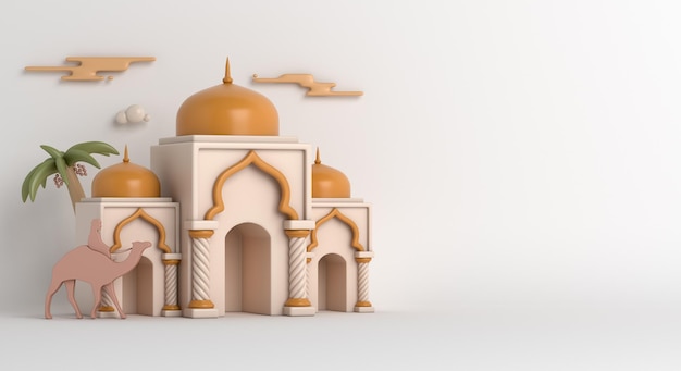 Fundo de decoração islâmica com mesquita de desenho animado 3d, camelo