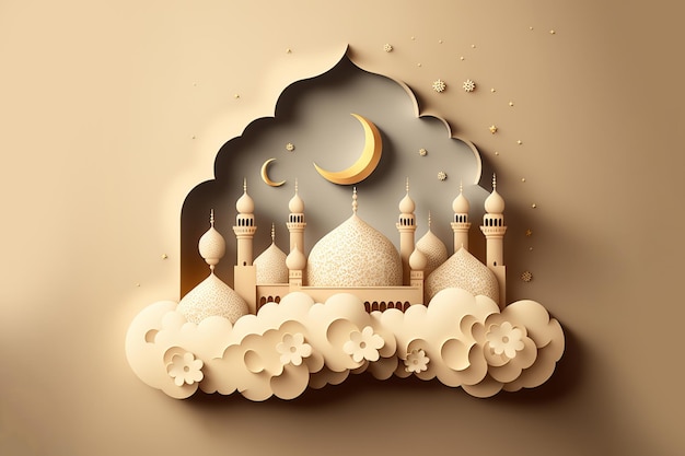 Fundo de decoração islâmica com mesquita e ilustração de IA generativa de lua crescente