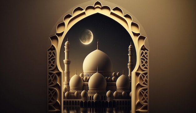 Fundo de decoração islâmica com mesquita e luxo de lua crescente
