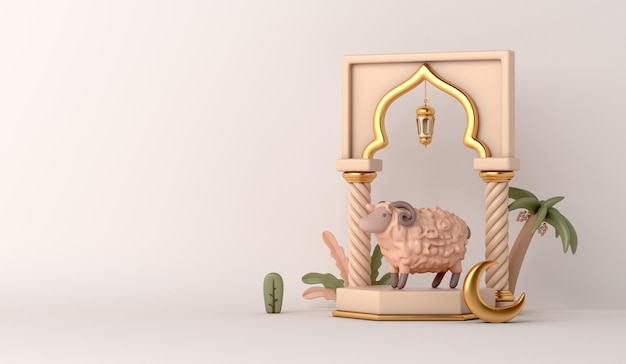 Fundo de decoração islâmica de Eid al adha com porta de mesquita de lanterna árabe de ovelha de cabra