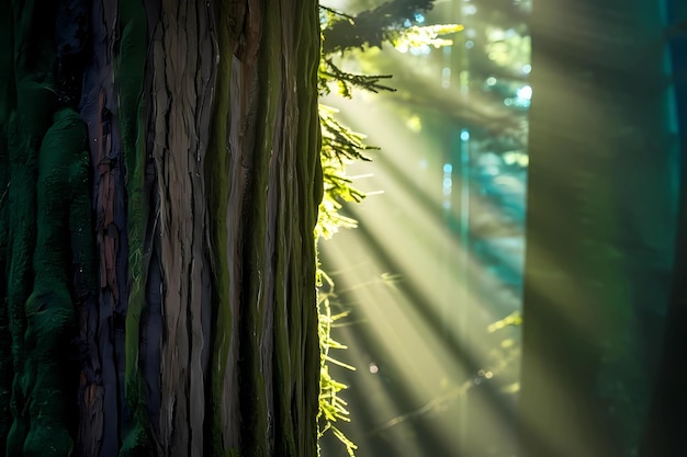 Fundo de densa floresta de árvores verdes com bela luz solar penetrando nos lados das árvores verde