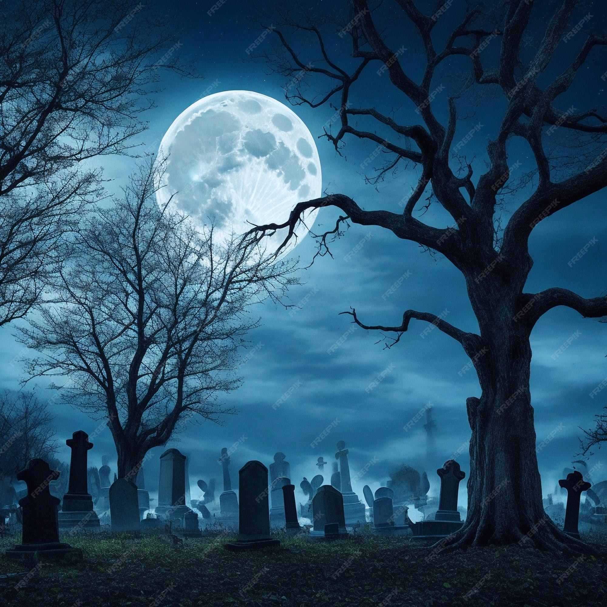 Fundo de dia das bruxas com lápides antigas de cemitérios assustadoras  árvores sem folhas lua cheia