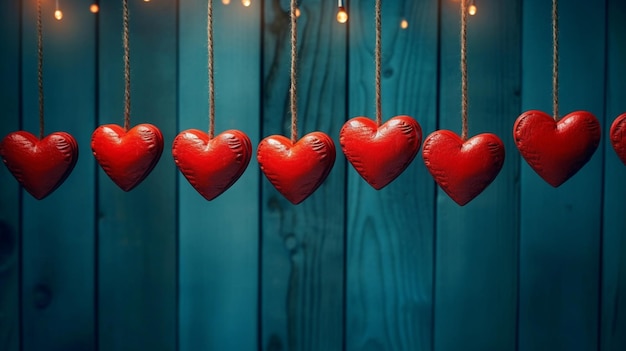 Fundo de Dia dos Namorados com corações vermelhos em parede de madeira azul
