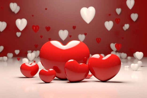 Fundo de dia dos namorados com renderização 3d de corações vermelhos