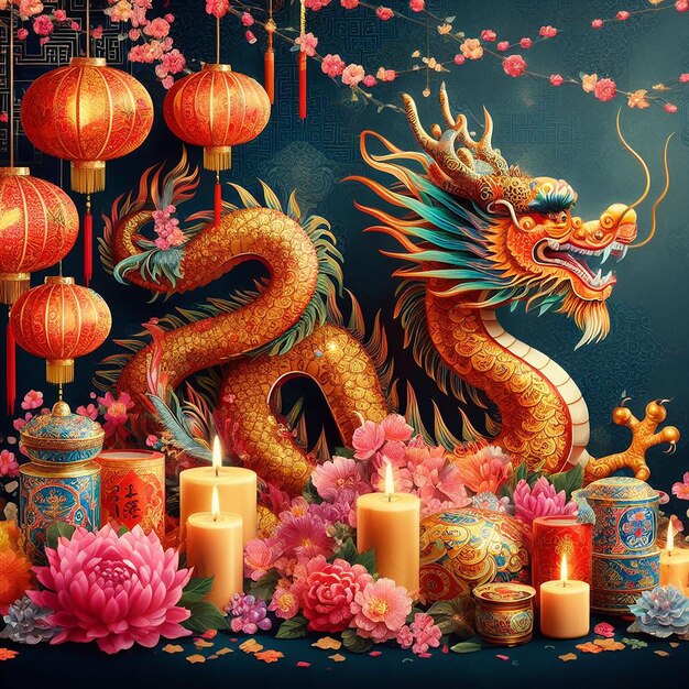 Fundo de dragão do Ano Novo Chinês com lanternas tradicionais, velas e flores