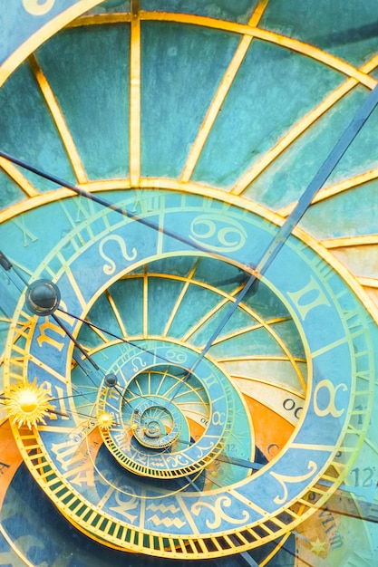 Fundo de efeito Droste baseado no relógio astronômico de Praga. Desenho abstrato para conceitos relacionados à astrologia, fantasia, tempo e magia.