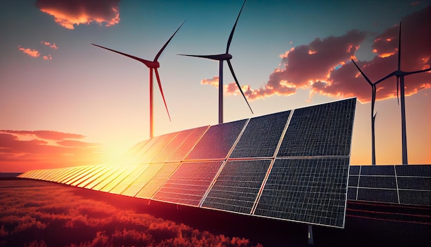 Fundo de energia renovável com energia verde como turbinas eólicas e painéis solares Generative AI