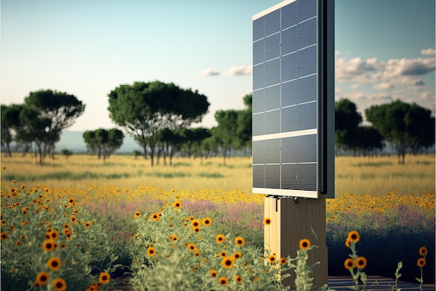 fundo de energia renovável com grandes painéis solares de energia fotovoltaica no campo de girassóis