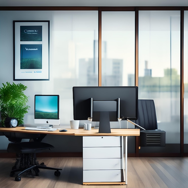 Fundo de escritório com janela com computador na mesa