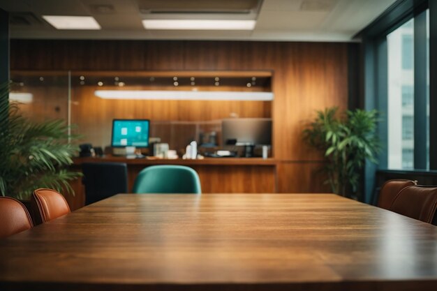 Fundo de escritório desfocado com frente de mesa de madeira