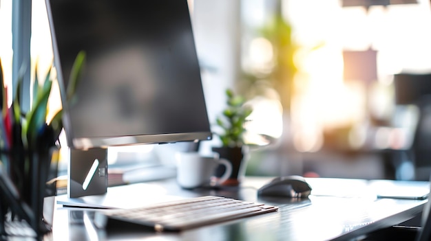 Fundo de espaço interior de escritório desfocado no local de trabalho com departamento superficial de computador IA gerativa