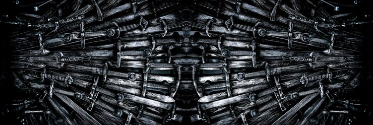 Foto fundo de espadas de cavaleiro de metal banner panorâmico da web com espaço para cópia o conceito cavaleiros