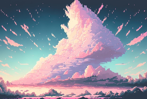 Fundo de estilo de arte de pixel de céu rosa azul pastel com espaço de cópia