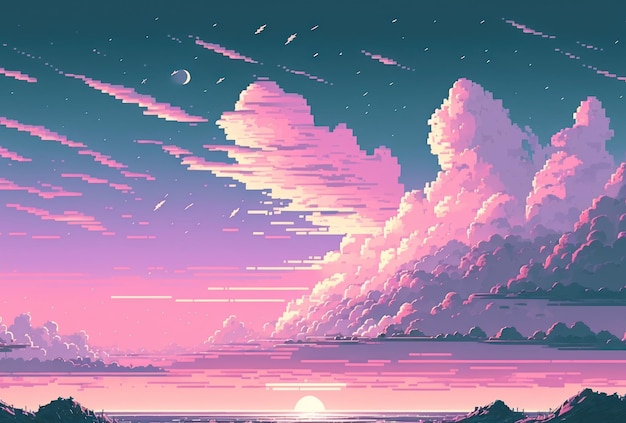 Fundo de estilo de arte de pixel de céu rosa azul pastel com espaço de cópia