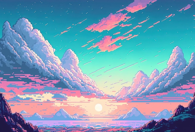 Fundo de estilo de arte de pixel de céu rosa azul pastel com espaço de cópia