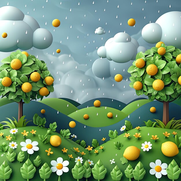 Fundo de estilo de desenho animado 3D tema de chuva desenho gráfico natureza verde