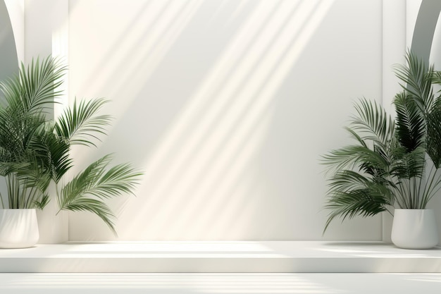 Fundo de estúdio branco abstrato para apresentação do produto Sala vazia com sombras de janelas e flores e folhas de palmeira Sala 3D com espaço de cópia Ai generative