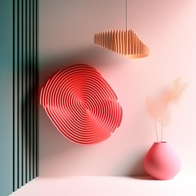 Fundo de estúdio rosa suave com vasos e luzes