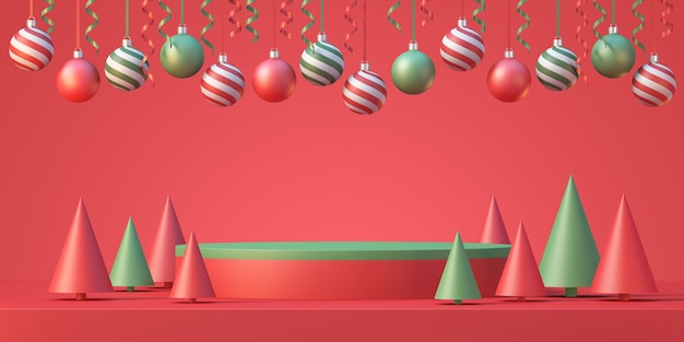 Fundo de exibição de maquete de produto de natal e ano novo com árvore de natal e bola de natal com fita, fundo de renderização 3d