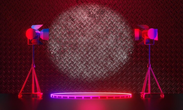 Foto fundo de exibição de pódio escuro luz rosa vermelha a laser neon com parede de metal de destaque no tema preto. renderização de ilustração 3d.