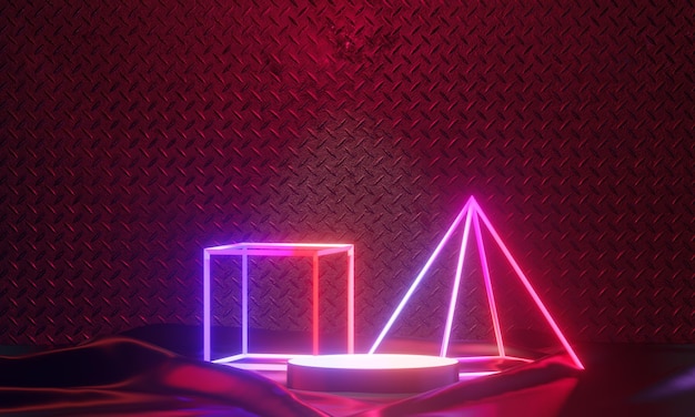 Fundo de exibição de pódio escuro luz rosa vermelha a laser neon com parede de metal em tema preto. renderização de ilustração 3d.