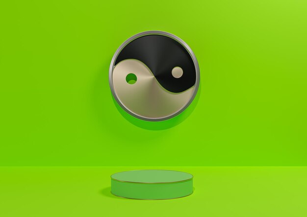 Fundo de exibição de produto 3d verde neon mínimo metálico yin e yang símbolo pódio linha dourada