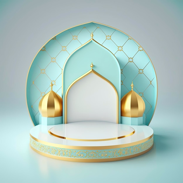 Fundo de exibição de produto de tema islâmico em design de ilustração de renderização 3d Moldura de portal de mesquita com pódio ou palco e espaço vazio