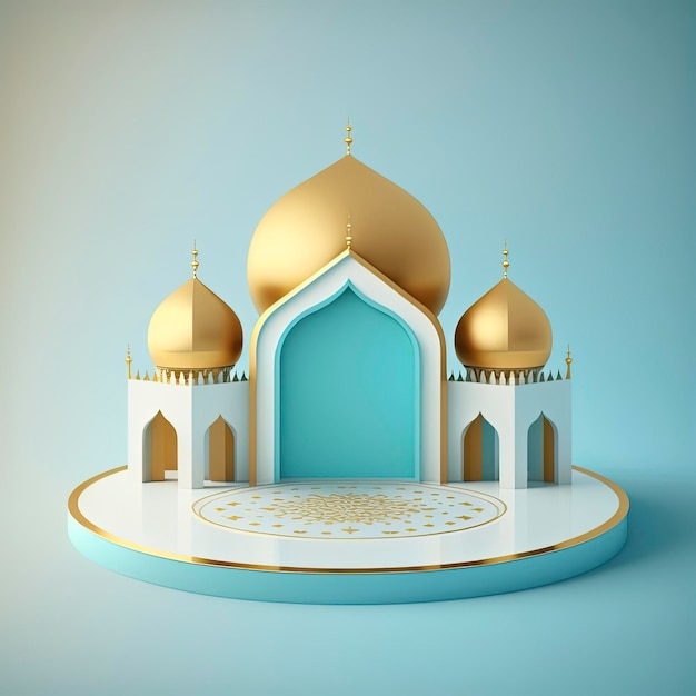 Fundo de exibição de produto de tema islâmico em design de ilustração de renderização 3d Moldura de portal de mesquita com pódio ou palco e espaço vazio