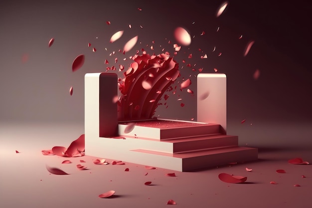 Fundo de exibição do pódio 3D Caixa de presente aberta surpresa vermelha Flor rosa pétalas caindo AI Gerado