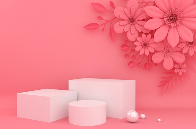 Fundo de exibição para apresentação de produtos cosméticos. Vitrine vazia, renderização 3d, papel da flor.