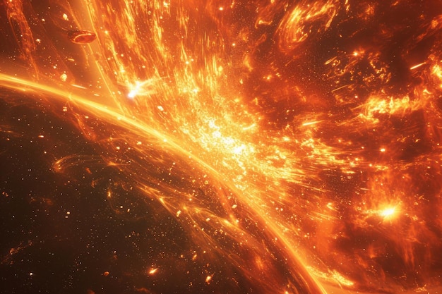 Fundo de explosão de fogo abstrato com tons laranja e amarelo vibrantes representando energia ou um evento cósmico