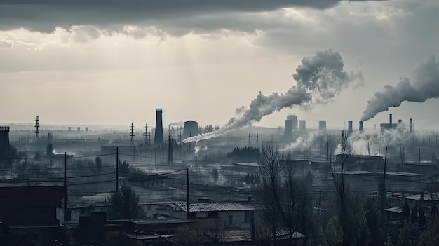 Foto fundo de fábrica poluente com muitas emissões de produção de chaminés de fumaça preta natureza poluída