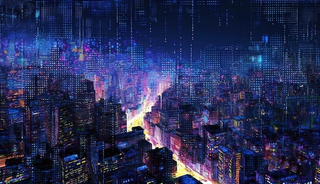 Fundo de falha colorido criativo, design de falha digital abstrato de uma cidade cyberpunk
