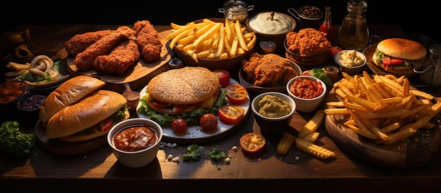 Fundo de fast-food Hambúrguer, batatas fritas, nuggets de frango e legumes na mesa de madeira