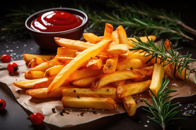 Fundo de fastfood Batatas fritas servidas com alecrim e ketchup