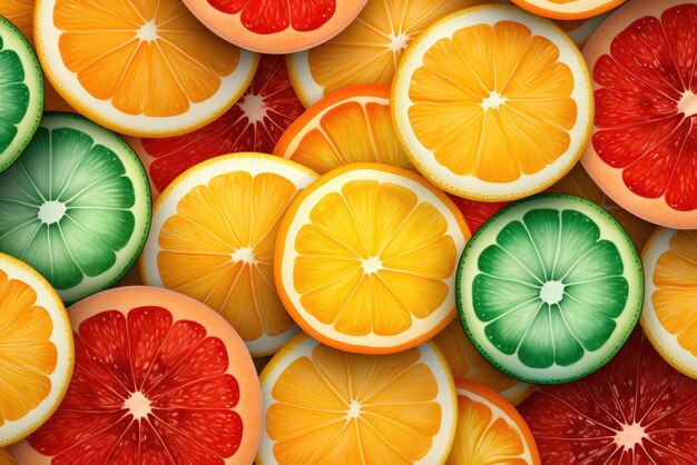 Foto fundo de fatias de frutas cítricas de verão coloridas vista superior