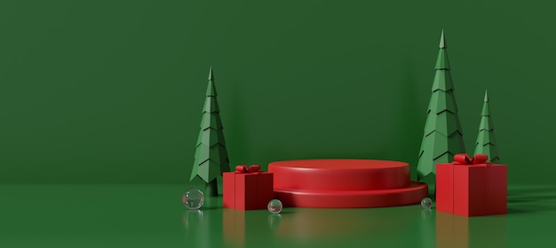 Foto fundo de feliz natal com caixa de presente vermelha. pedestal de renderização em 3d para carrinho de exposição de produtos de banner de venda de celebração, palco do pódio.