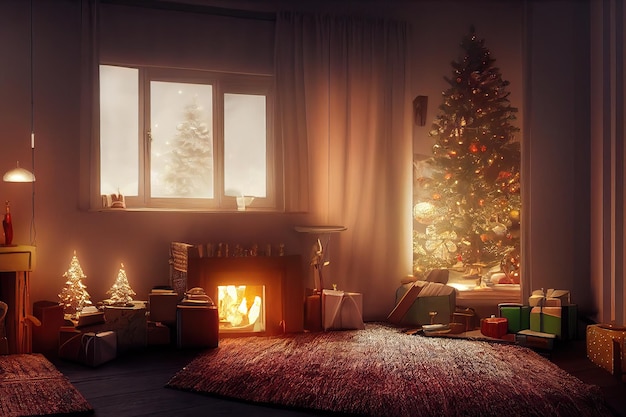 Fundo de feliz natal com presente ao lado da árvore de natal em sala decorada com lareira Ilustração digital
