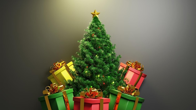 Fundo de feliz natal de renderização 3d com árvore, caixa de presente e chapéu
