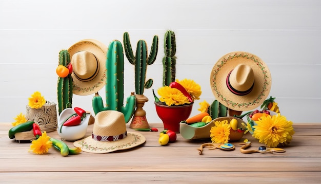 Fundo de feriado Cinco de Mayo com um cacto mexicano e chapéu sombrero de festa em uma mesa de madeira