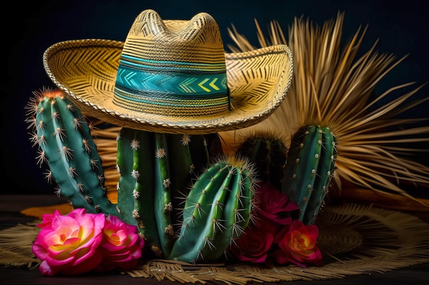 Fundo de feriado de cinco de mayo cacto florescente mexicano e chapéu sombrero de festa ilustração generativa de ia