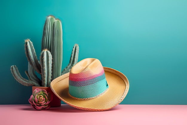 Fundo de feriado de Cinco de Mayo Cacto mexicano e chapéu sombrero de festa em fundo turquesa rosa Ilustração generativa de IA