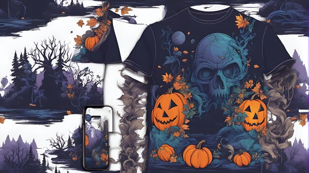 Fundo de férias de Halloween com fantasmas de abóboras crânio de abóbora fantasma camiseta preta e telefone celular