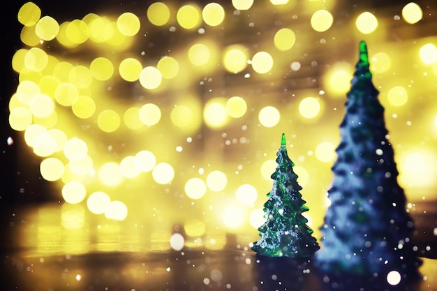 Fundo de férias de inverno com abeto congelado, luzes de brilho, bokeh. fundo de férias de natal e ano novo com espaço de cópia.