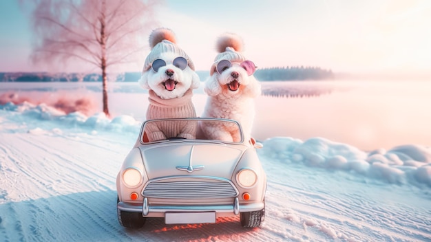 Fundo de férias de inverno com um casal de cães bonitos viajando de carro