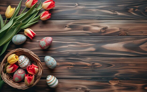 Fundo de férias de Páscoa com ovos de Páscua e tulipas em madeira