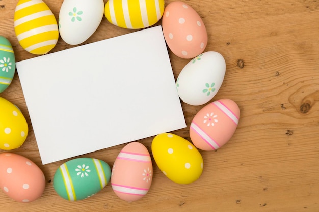 Foto fundo de férias de páscoa ovos de páscoa decorados em tons pastel com uma etiqueta branca em branco em um fundo de madeira