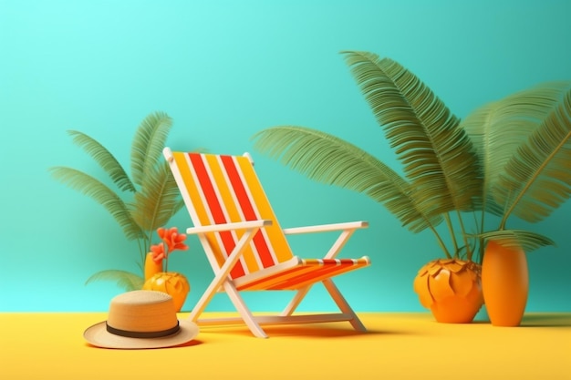 Fundo de férias de verão com chapéu de cadeira de praia e folhas de palmeira