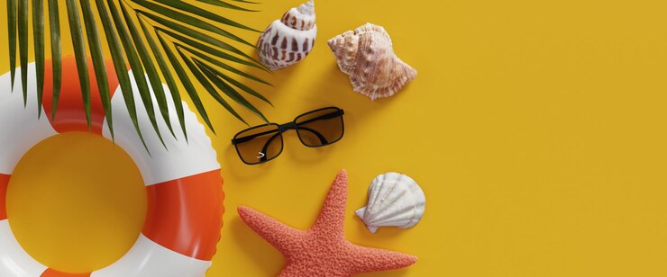 Fundo de férias de verão com um monte de conchas, um chapéu de palha e um tubo de natação com renderização em 3d de folhas
