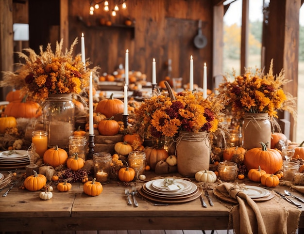 Fundo de festa de colheita rústica realista para Halloween de outono com jarra de abóboras e flores1